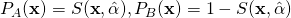 P_A(\textbf{x}) = S(\textbf{x},\hat{\alpha} ), P_B(\textbf{x}) = 1-S(\textbf{x},\hat{\alpha} )